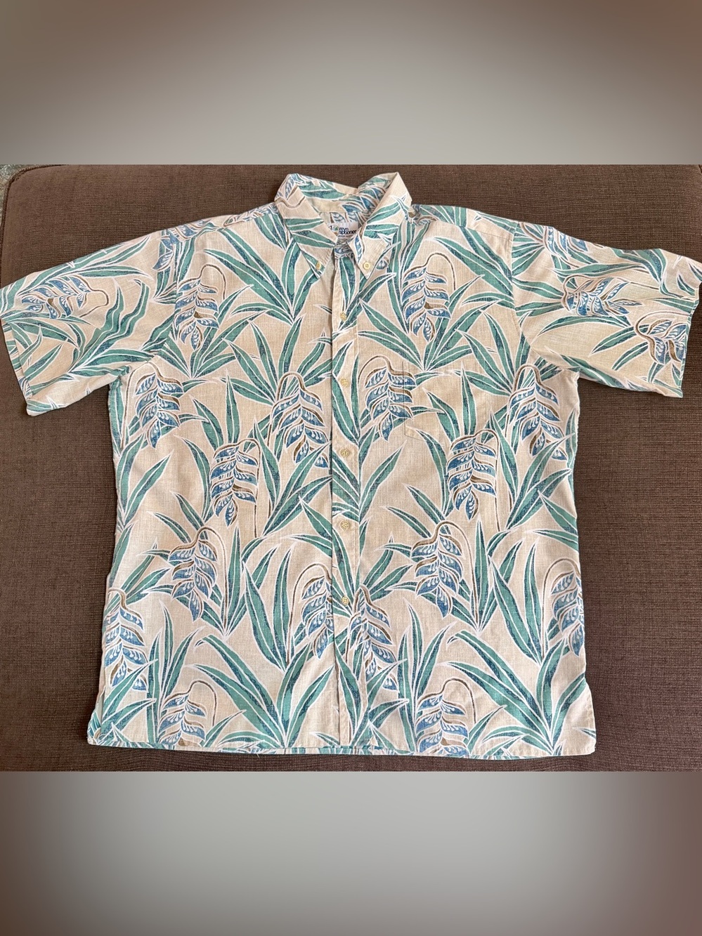 reyn spooner Beige Button-Up Shirt with Teal Leaf Print XL